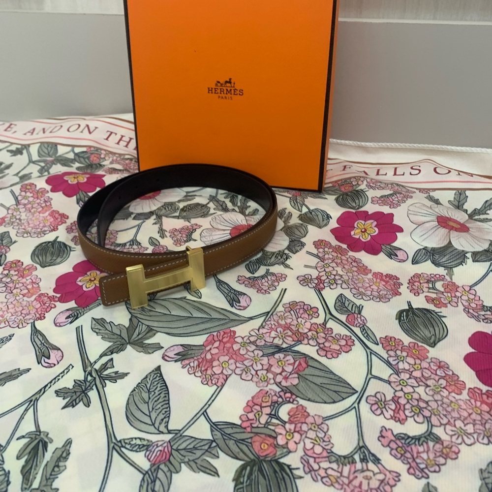 Hermes Tan Leather Belt with Gold Buckle